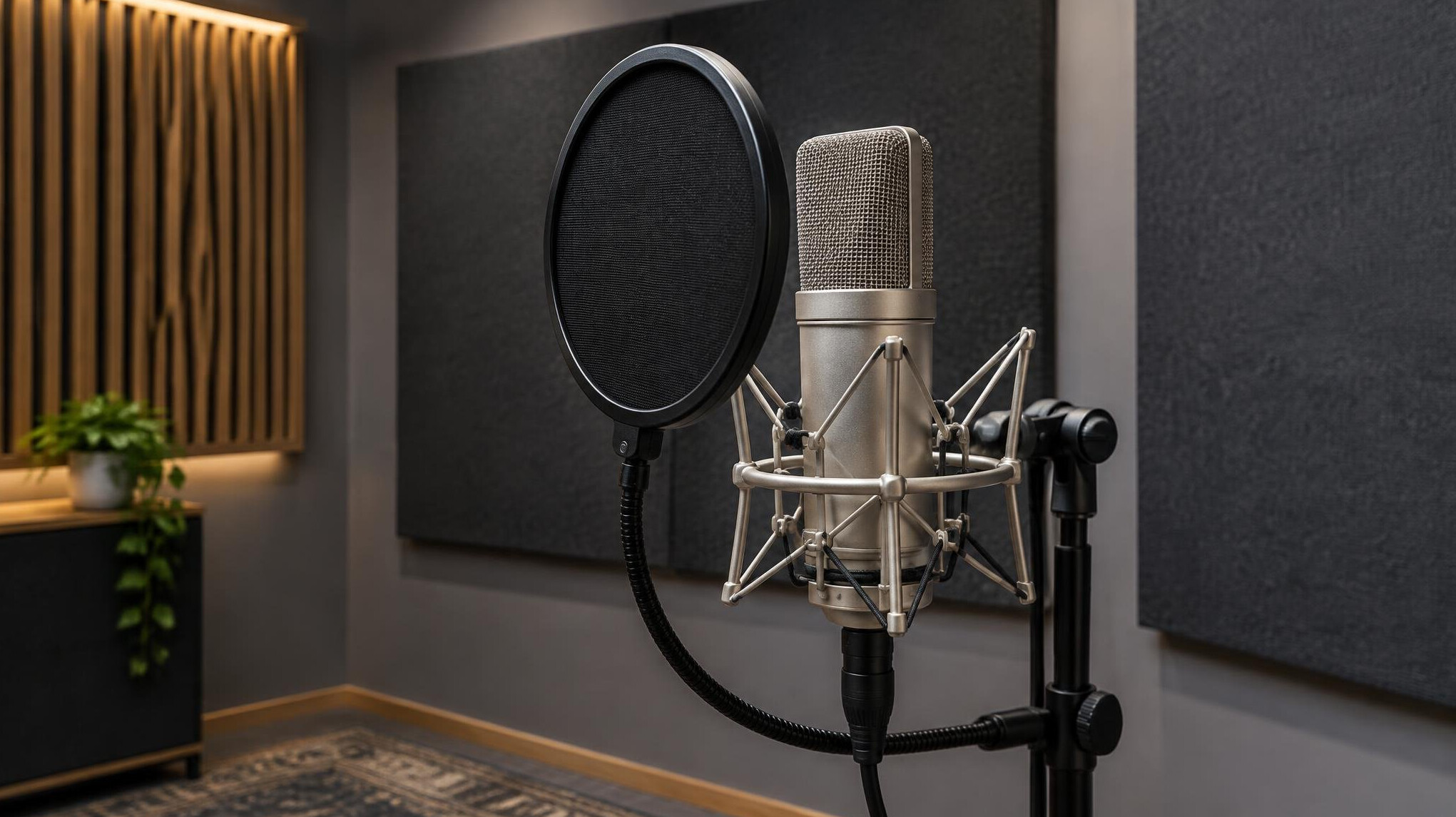 Studio microphone with pop filter in a recording space