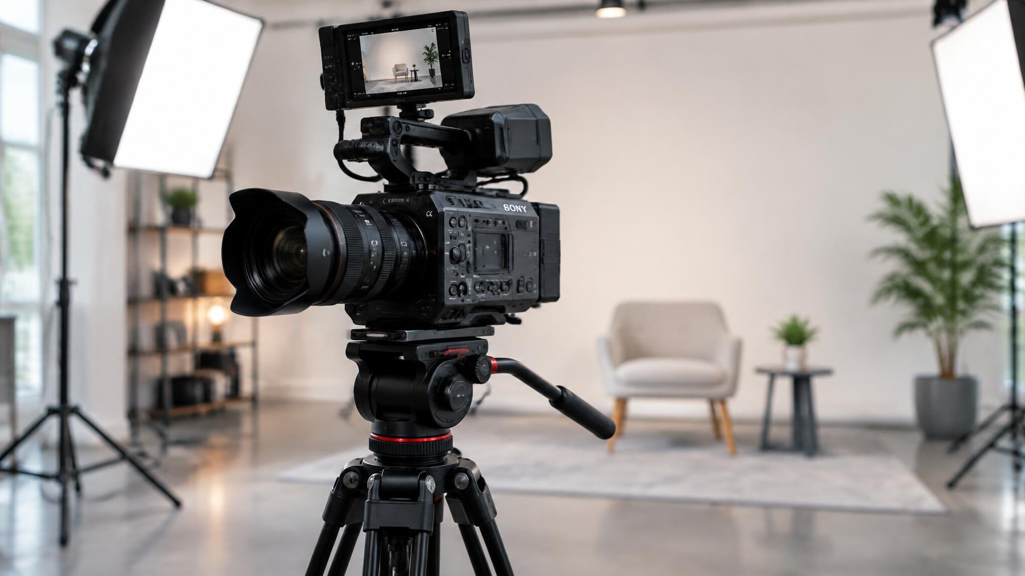 Professional video camera on a tripod in a content studio