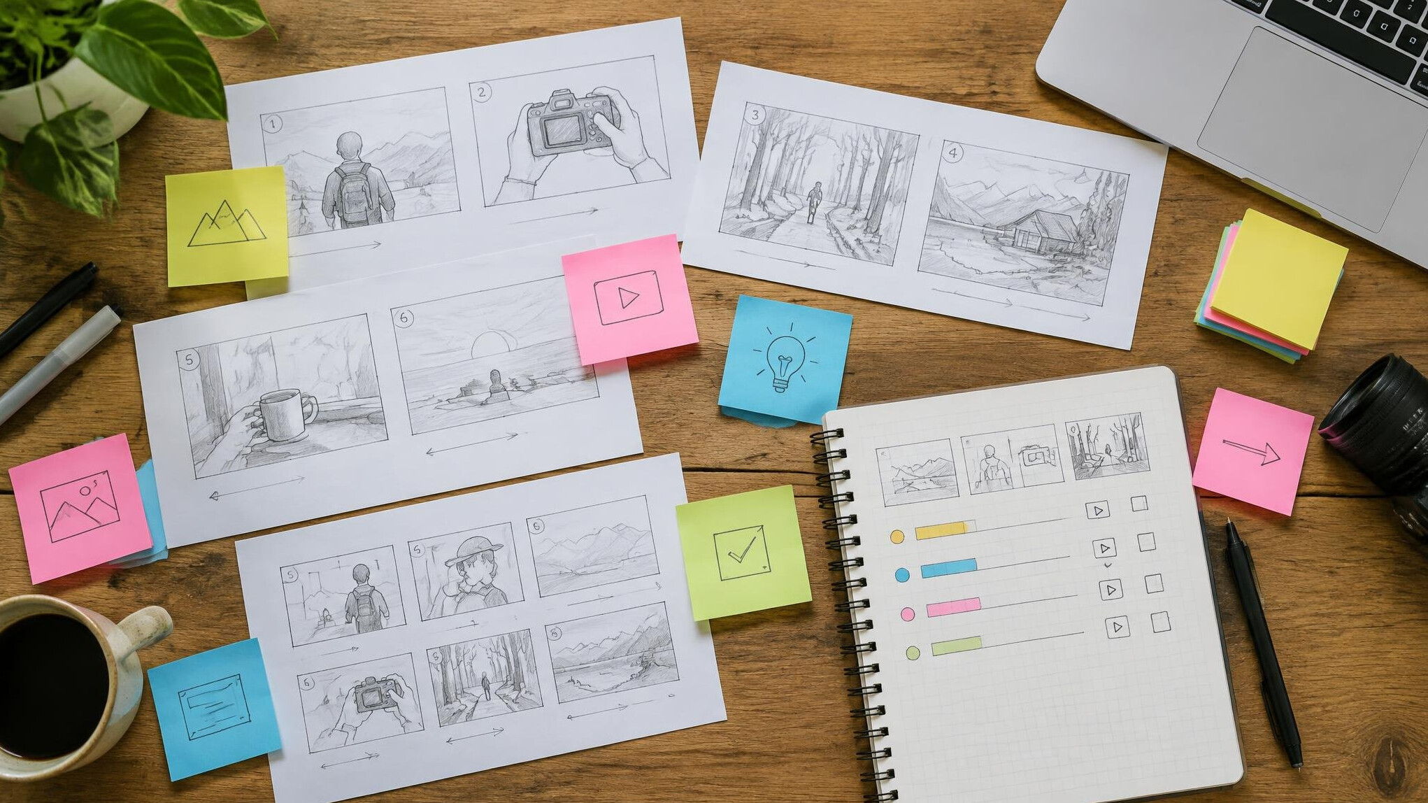 Storyboard sticky notes and planning sheets on a table