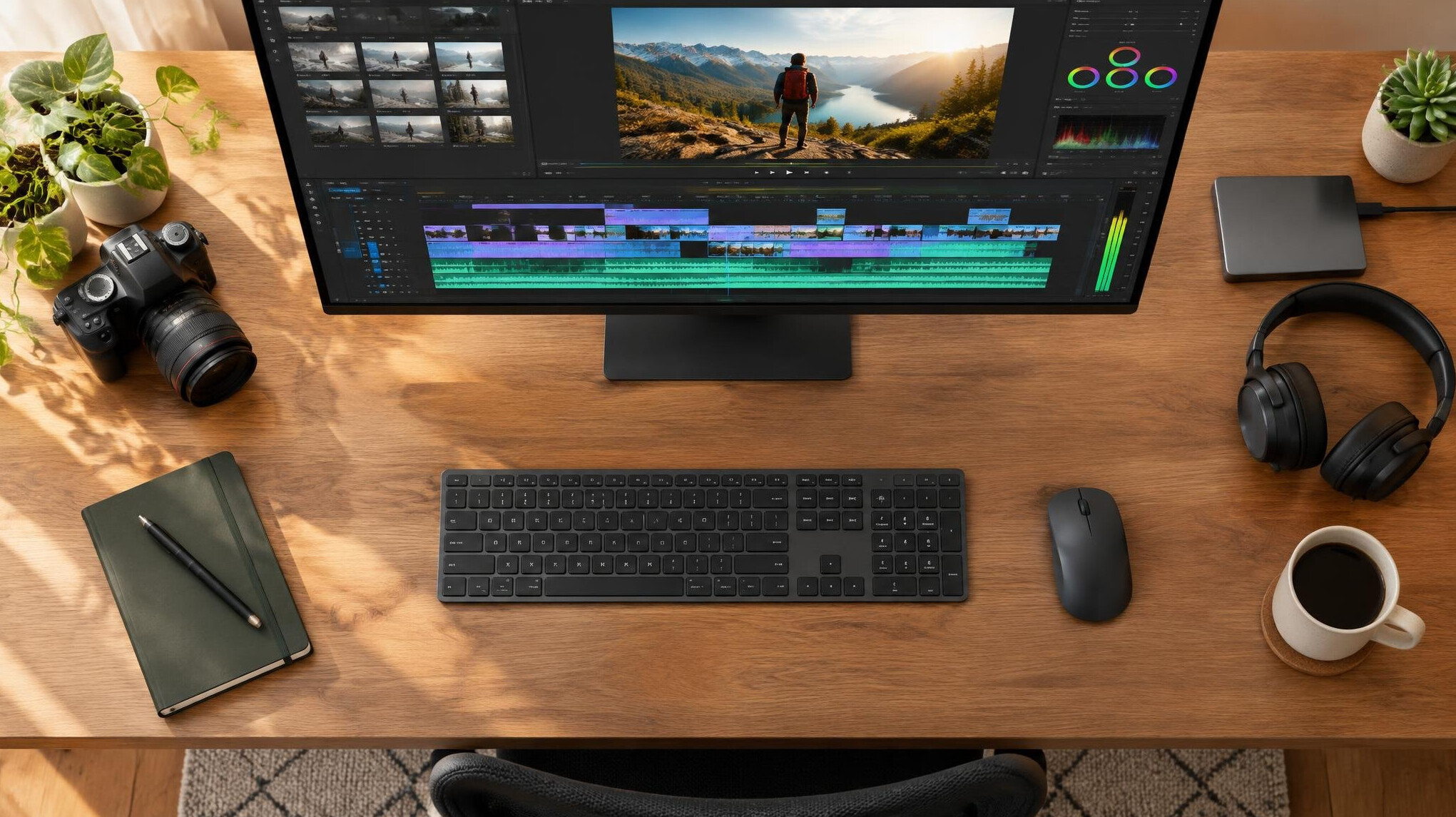 Video editing timeline on a monitor at a desk