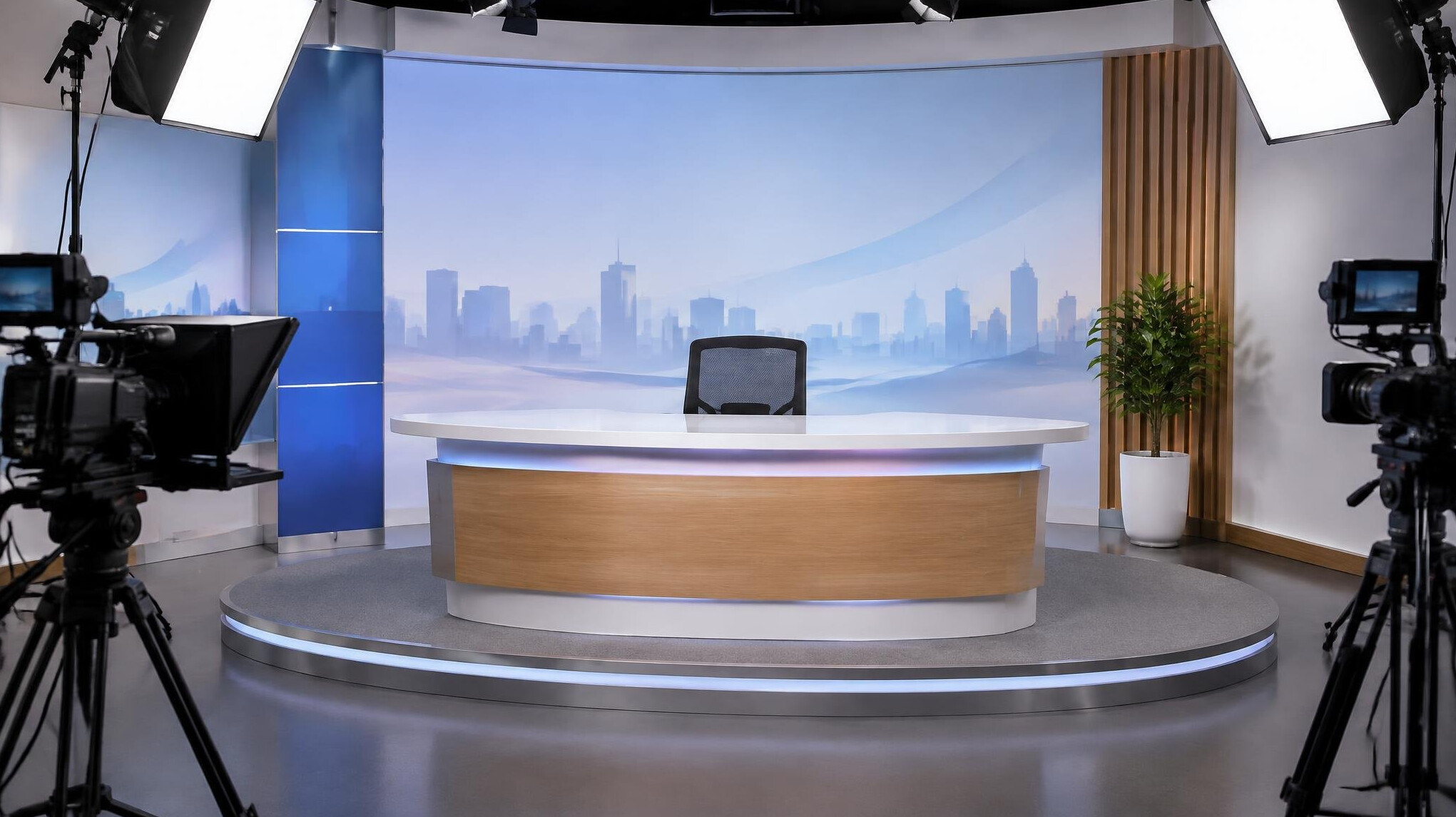 Small television studio set with lights and a desk
